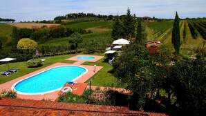 A swimming pool with a sunbathing area, surrounded by lush greenery and vineyards. - Agriturismo La Terra (Montepulciano)