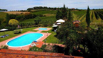 A swimming pool with a sunbathing area, surrounded by lush greenery and vineyards.