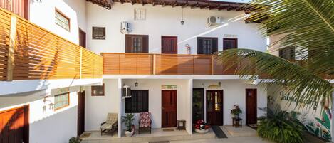 Un patio con cerca de madera, plantas en macetas y una palmera.