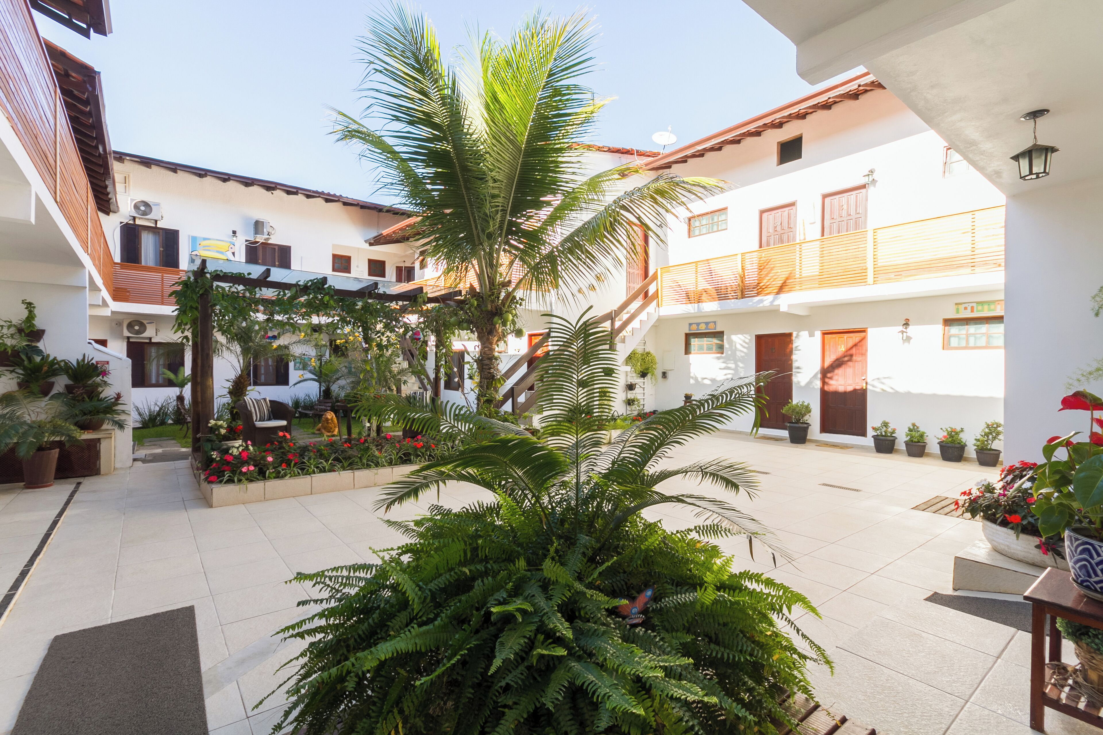 A courtyard with potted plants, a palm tree, and a staircase leading to a balcony.