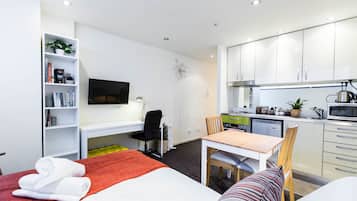 Estudio básico, baño privado | Tabla de planchar con plancha, cunas (de pago), wifi gratis