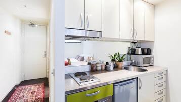 Basic Studio, Private Bathroom | Private kitchenette | Full-size fridge, microwave, oven, stovetop