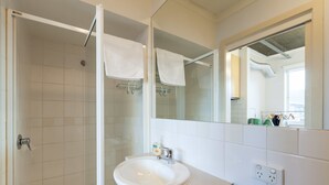 A bathroom with a glass shower enclosure, a white sink, and a large mirror. - LUCINDA, Carlton Studio Apartment (Carlton)