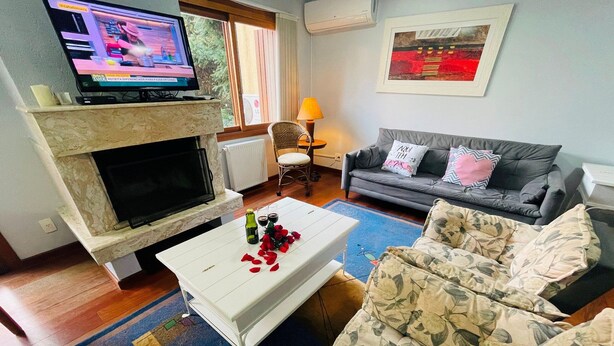 Ein Wohnzimmer mit Kamin, Fernseher, Sofa und Couchtisch mit Rosenblättern.