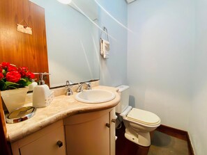 Apartamento básico | Banheiro | Chuveiro, produtos de toalete grátis, secador de cabelo 