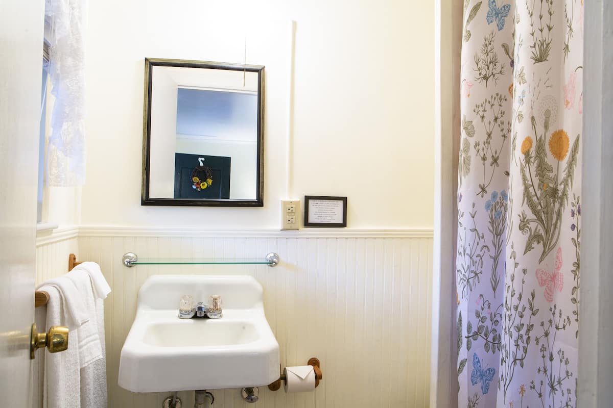 A bathroom with a white sink, a framed picture above it, and a floral shower curtain.
