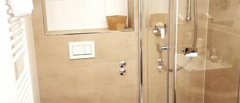 A modern bathroom with a glass-enclosed shower, a toilet, and a sink.