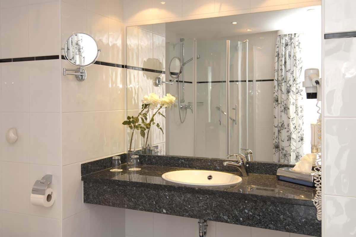 shower, free toiletries, hair dryer, towels