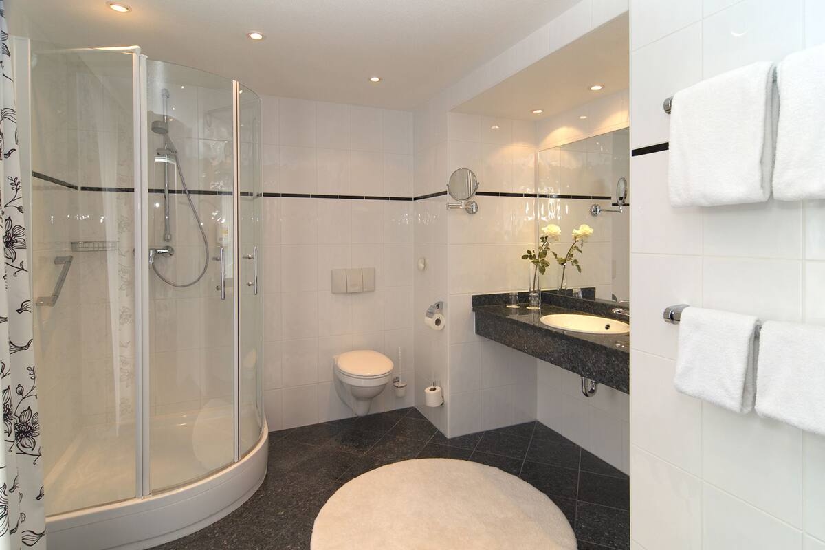 standard double room | bathroom | shower, free toiletries, hair dryer, towels