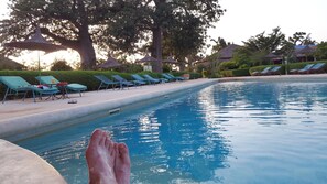 Piscina con sillas de descanso y sombrillas, rodeada de árboles y un edificio.