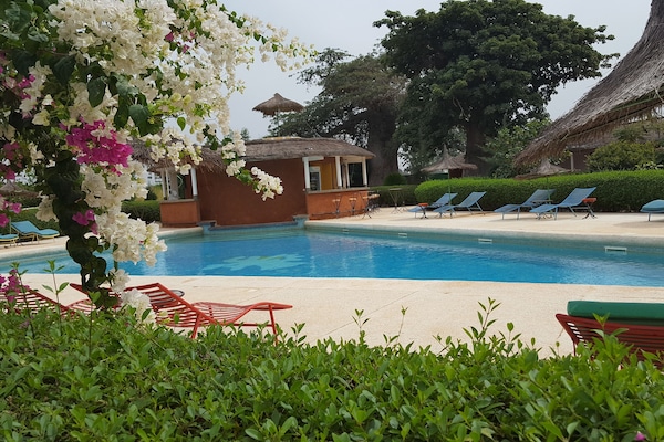 Alberca al aire libre y camastros 