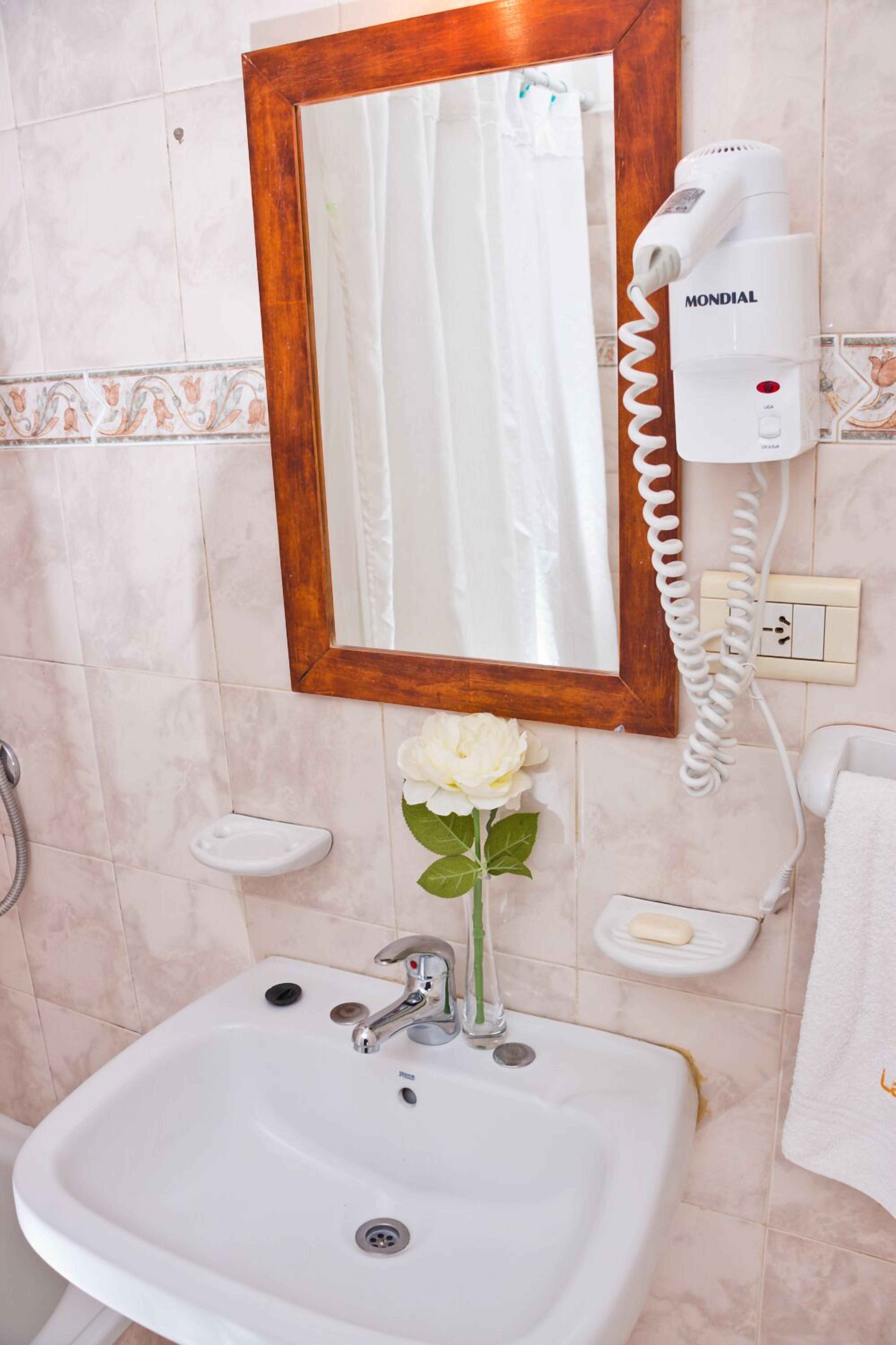 A bathroom with a white sink, a wooden-framed mirror, a hairdryer, and a rose.
