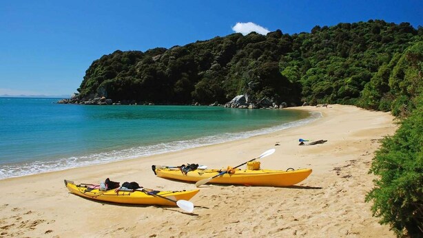 Une plage avec des kayaks et, en arrière-plan, une colline boisée.
