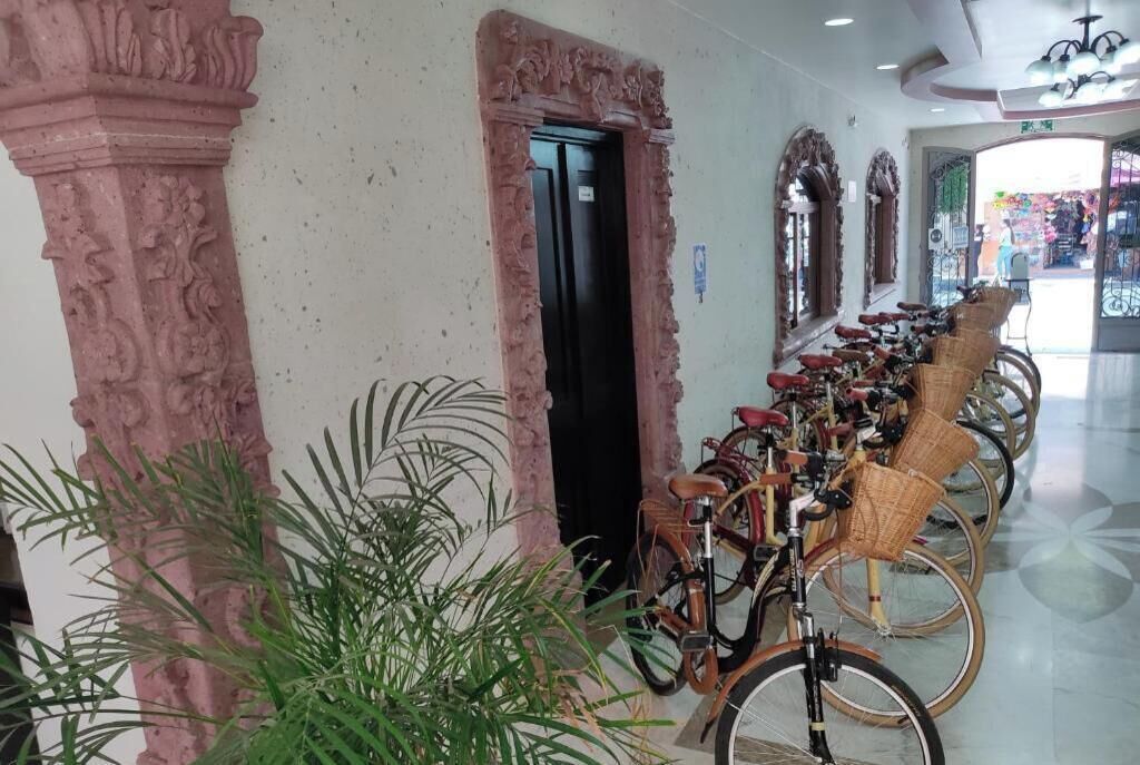 A corridor with a row of bicycles and wicker chairs, a door, and a plant.