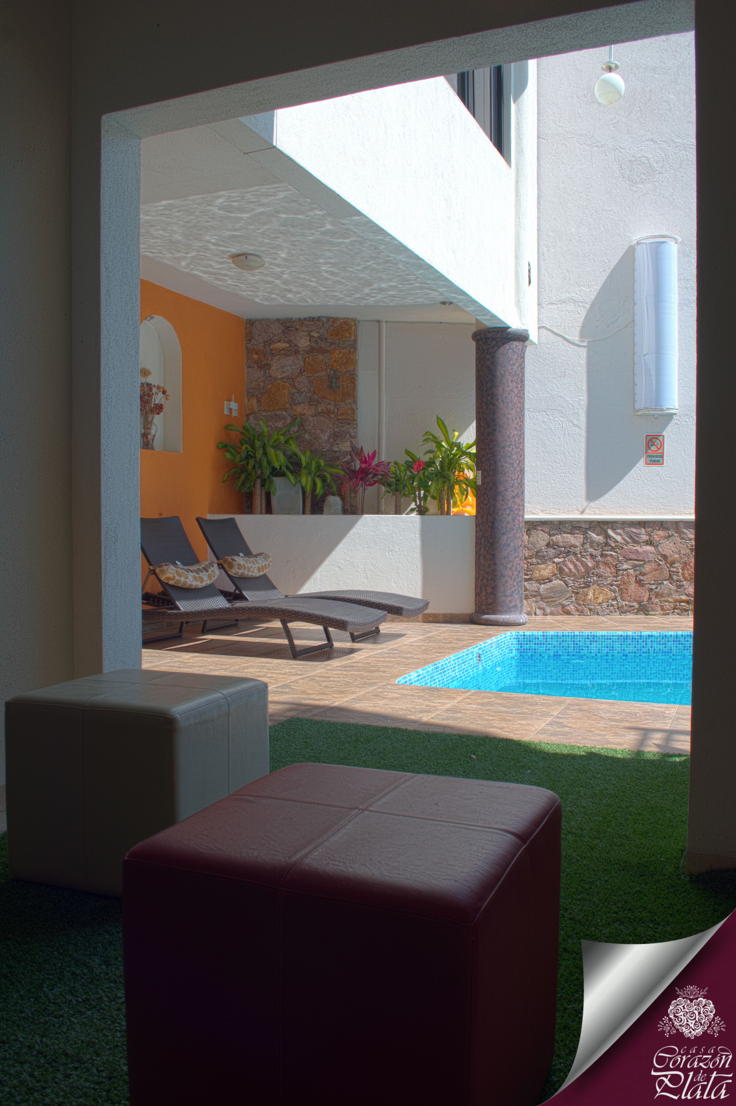 Piscine extérieure, chaises longues