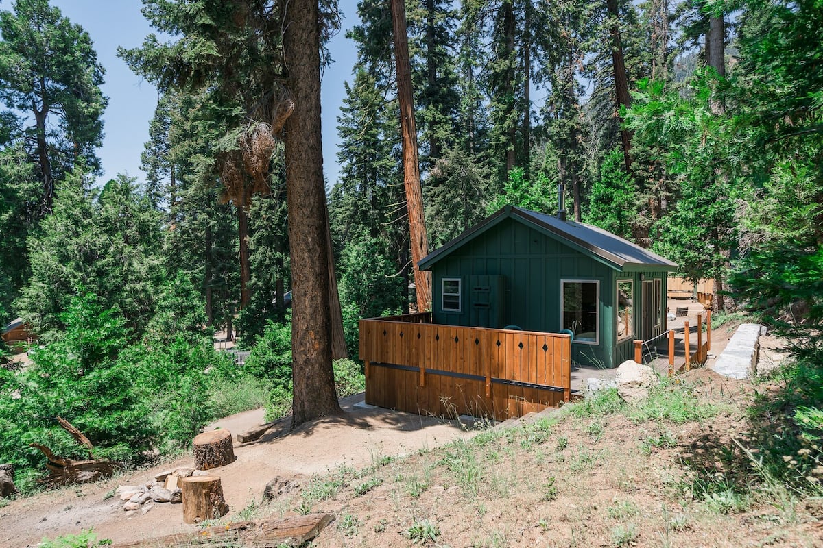 A cabin surrounded by tall trees, with a wooden deck and a dirt path leading to it.