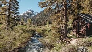 A cabin by a flowing river with a mountain in the background. - Silver City Mountain Resort (Three Rivers)