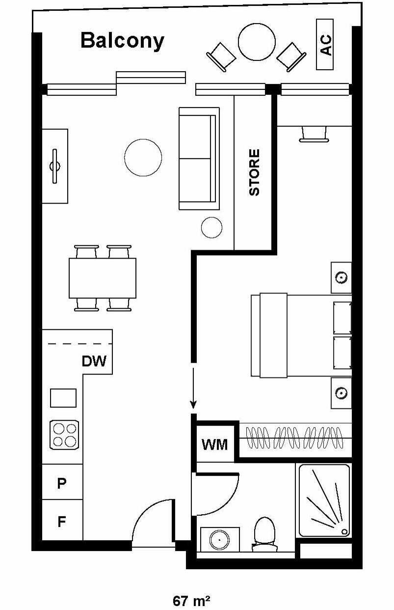 A 67 m² apartment layout with a balcony, store, and a WM area.
