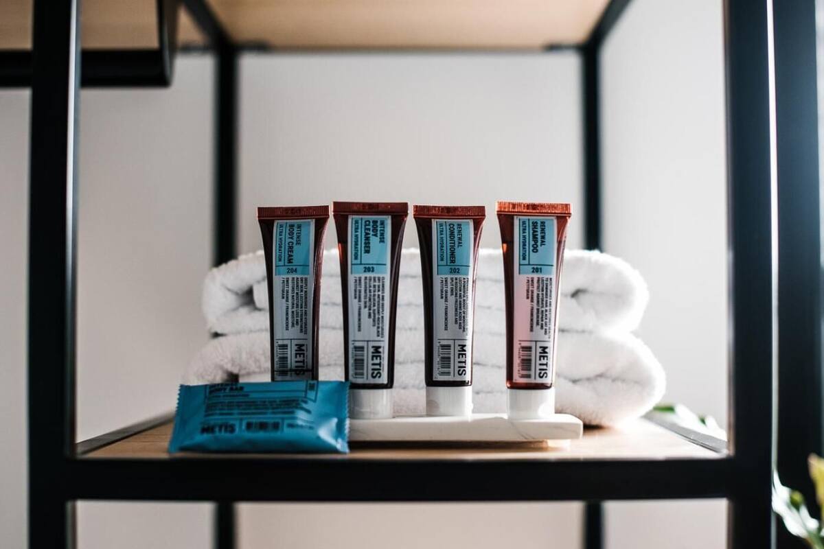 free toiletries, hair dryer, towels