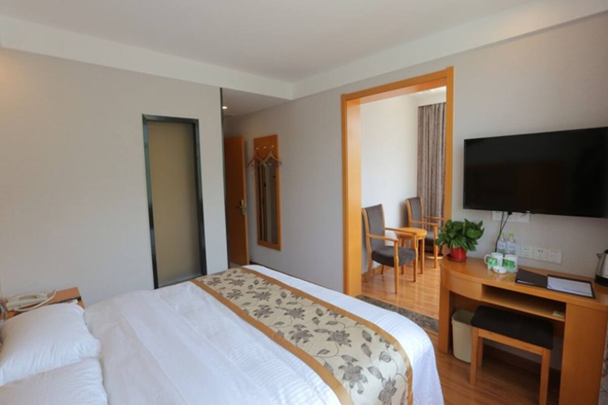 Une chambre d’hôtel avec un lit, un bureau, une télévision et un miroir.