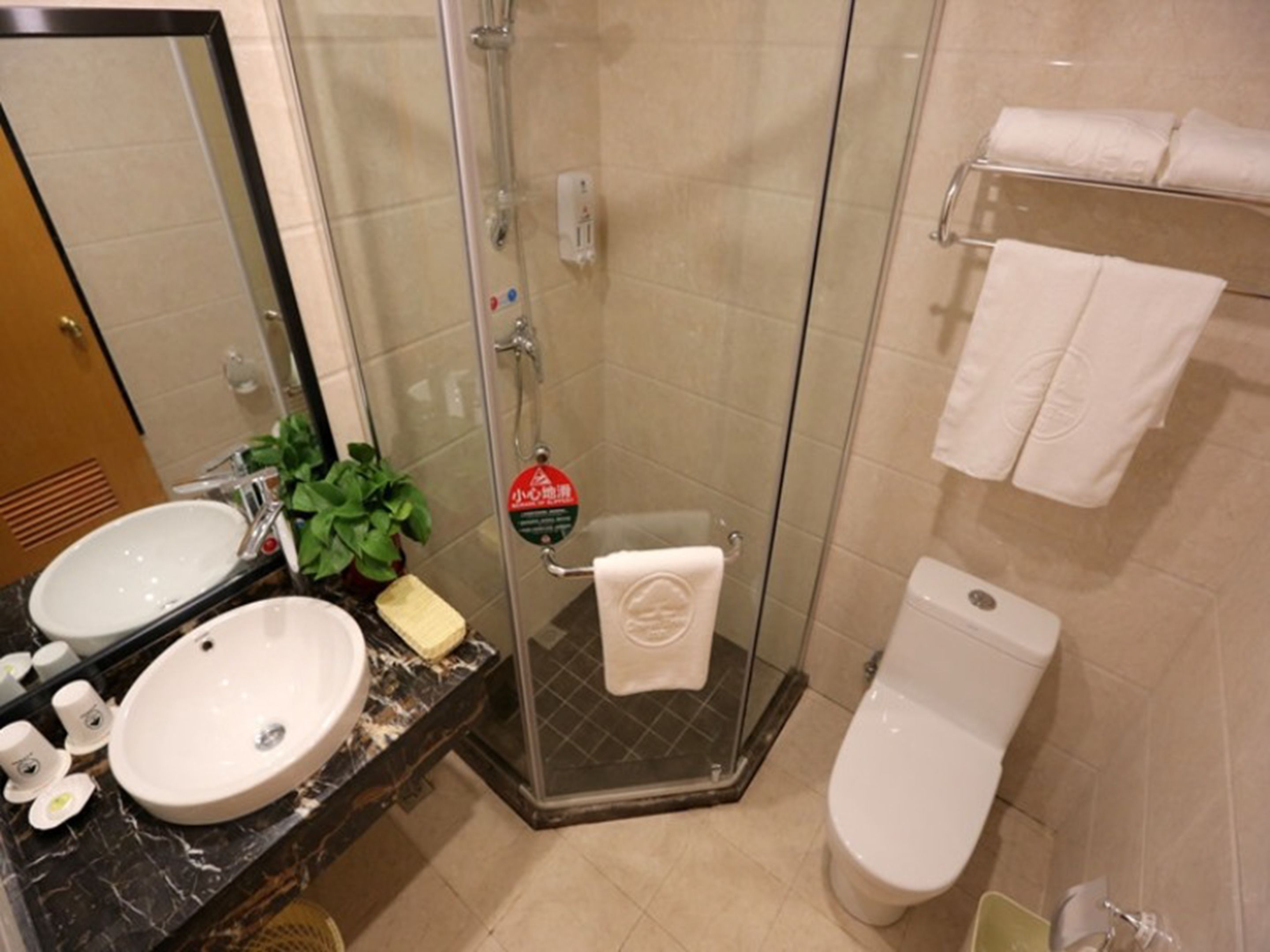 A bathroom with a glass-enclosed shower, a sink, and a toilet.