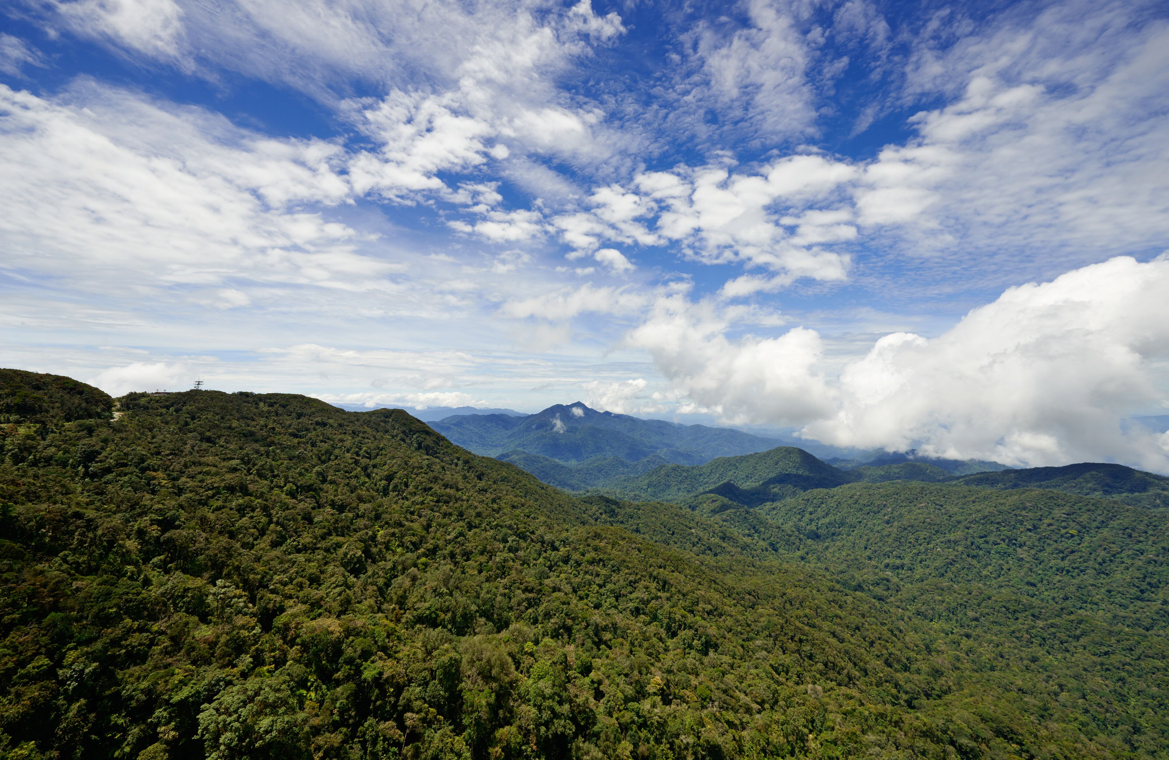 Un paysage montagneux, avec de vastes forêts verdoyantes et un ciel dégagé parsemé de nuages.