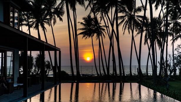 A sunset view from a poolside area with palm trees and a building in the background. - The Villa by Contemporary Ceylon (Wadduwa)