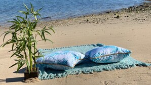 Une plage avec un plant de bambou et deux coussins sur un tapis bleu.