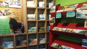 A display of postcards and brochures with various scenic images, arranged on wooden shelves and a red stand. - How Flower Hostel Yangshuo (Guilin)