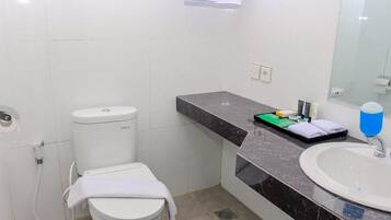 A bathroom with a toilet, sink, and mirror.