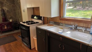 Une cuisine de taille réduite, équipée d’une cuisinière, d’un évier et de meubles de rangement en bois.