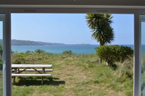 A view through a glass door of a grassy area with a wooden picnic table and a palm tree, overlooking a coastal landscape with clear skies. - B45 Phillippa, Riviere Towans (Hayle)