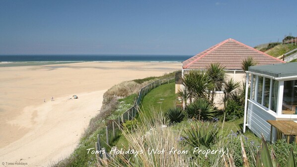 Enjoy the serene beach views from this seaside property, surrounded by lush greenery and a well-manicured lawn.