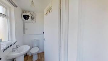 Ein Badezimmer mit Toilette, Waschbecken und Wand-Wasserbereiter.