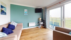 A living room with a teal wall, a sofa with blue cushions, a flat-screen TV, a bookshelf, and a view of a grassy field through a glass door.