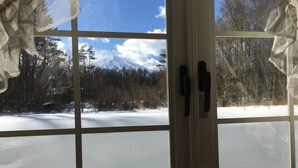 Vista a través de una ventana que muestra un paisaje nevado, con una montaña y árboles.