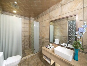 Shower, free toiletries, hair dryer, slippers