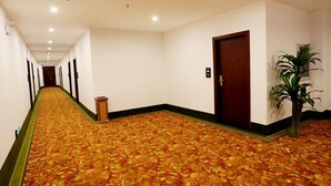 Un pasillo de hotel con piso alfombrado, un cubo de basura, una puerta y una planta en maceta.