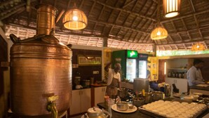 Une cuisine équipée d’appareils de brassage en cuivre, d’une machine à café et d’un plateau rempli de tasses blanches.
