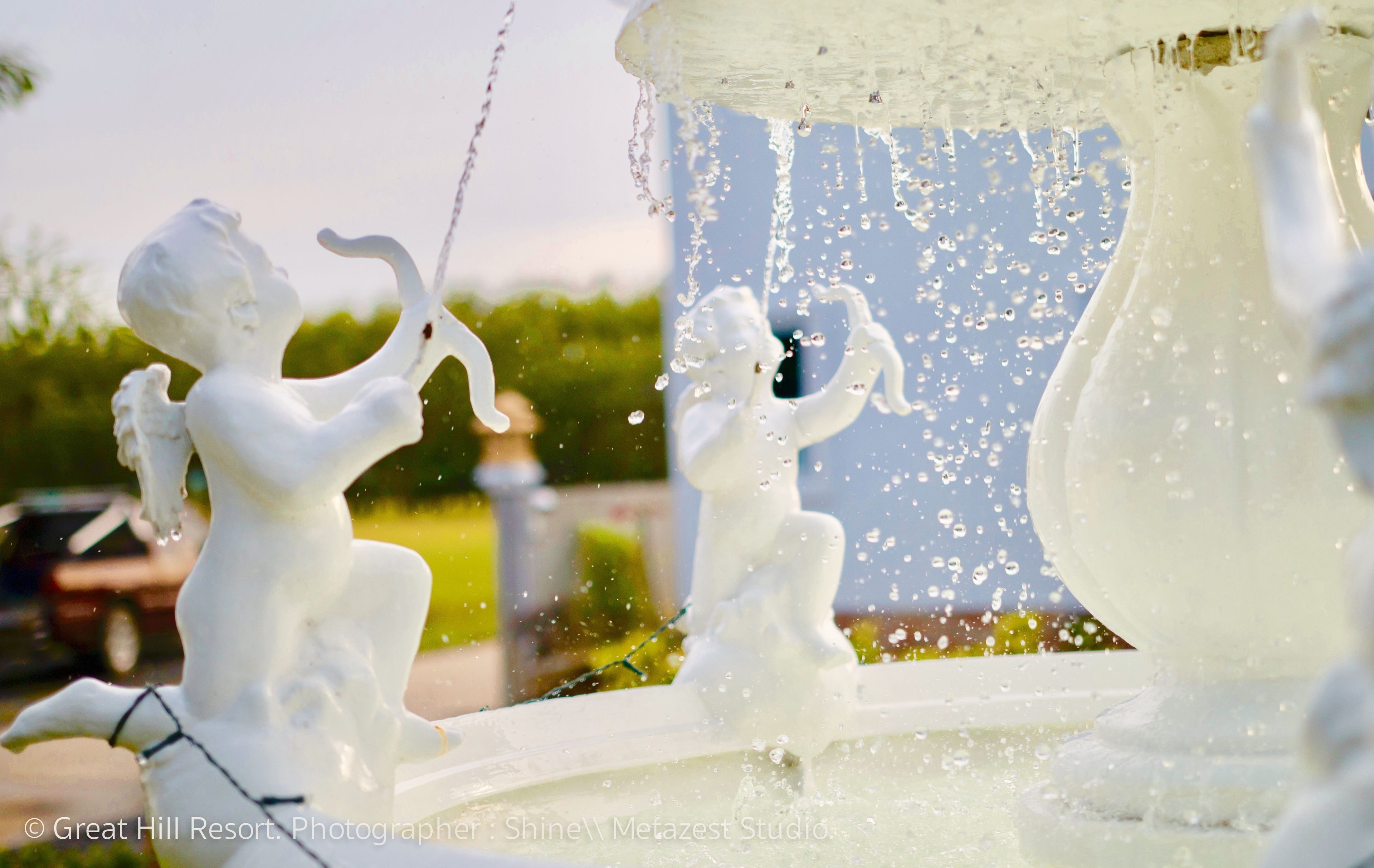 Una fuente con dos estatuas blancas de querubines.