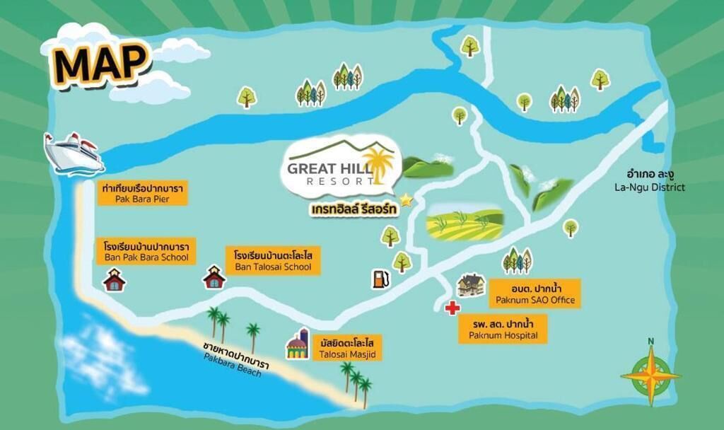 A map highlighting Great Hill Resort, Pak Bara Pier, Ban Pak Bara School, Ban Talosai School, Pakbara Beach, Paknum Hospital, and Paknum Sao Office.