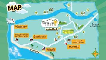 A map highlighting Great Hill Resort, Pak Bara Pier, Ban Pak Bara School, Ban Talosai School, Pakbara Beach, Paknum Hospital, and Paknum Sao Office.