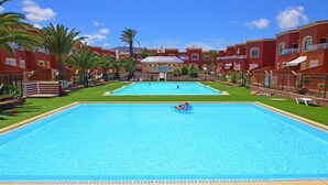 Ein großer rechteckiger Pool mit glasklar blauem Wasser, umgeben von einem gepflegten Rasen und Palmen.