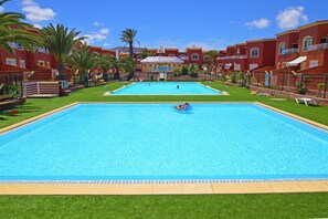 Une grande piscine rectangulaire à l’eau d’un bleu limpide, entourée d’une pelouse bien entretenue et de palmiers.