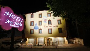 Un edificio con un letrero que dice "Hotel Ave Maria" y un mural de una mujer con un vestido azul.