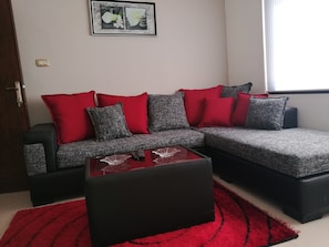 A modern living room with a grey sectional sofa, red and grey cushions, a black coffee table, and a red rug.