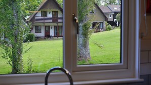 On voit, à travers une fenêtre, une maison avec une pelouse et un arbre.