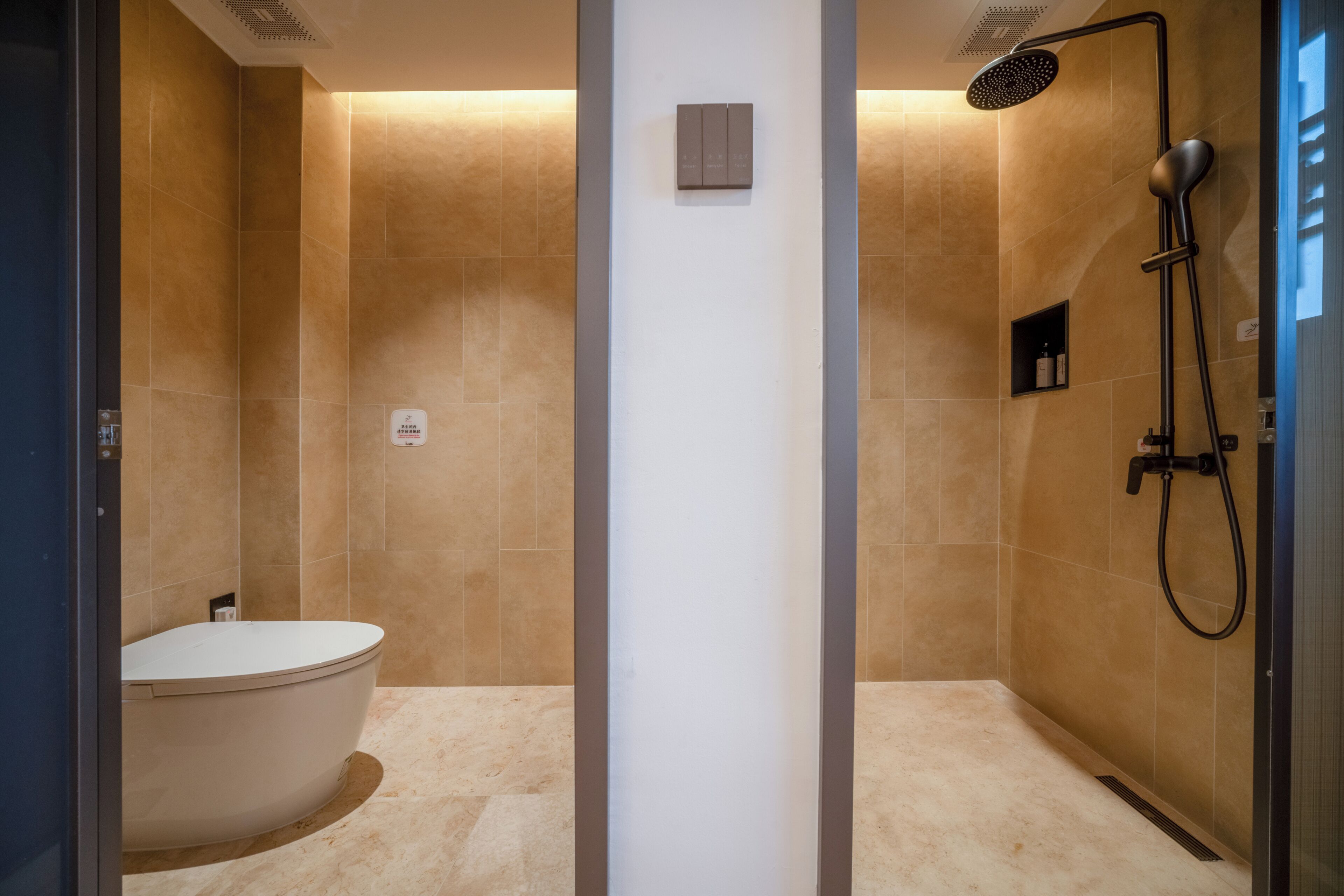 A modern bathroom with a bathtub, a shower, and a toilet.