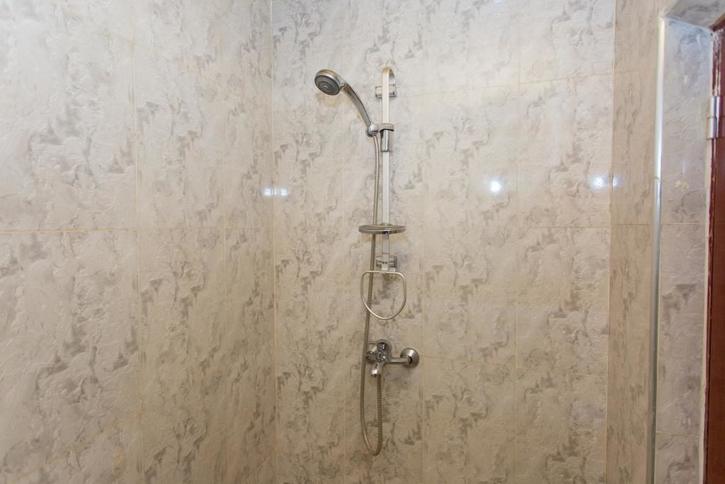 Une douche équipée d’un pommeau de douche à main et d’un robinet mural.