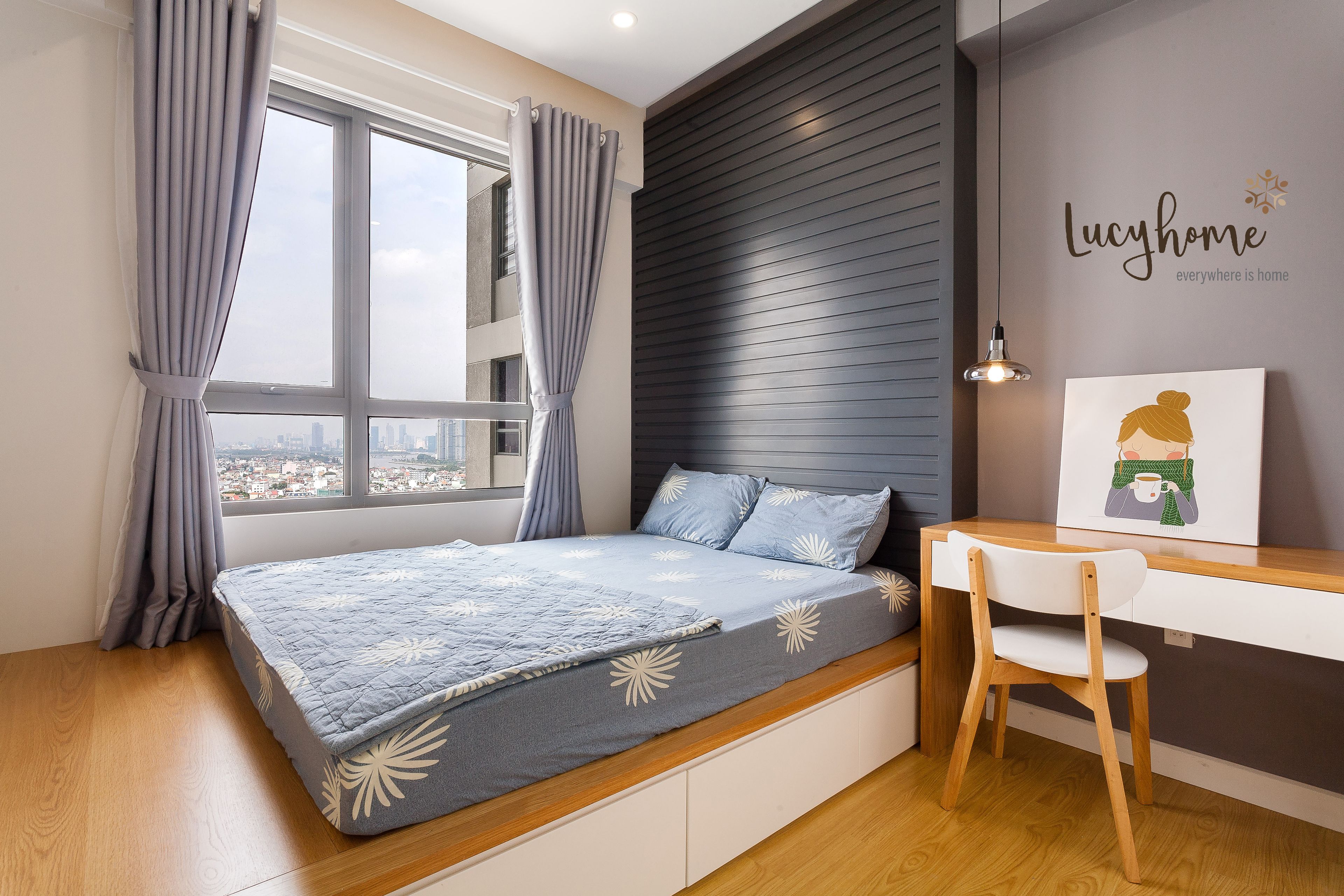 lucyhome smart apartment with city view | premium bedding, individually decorated, individually furnished, desk